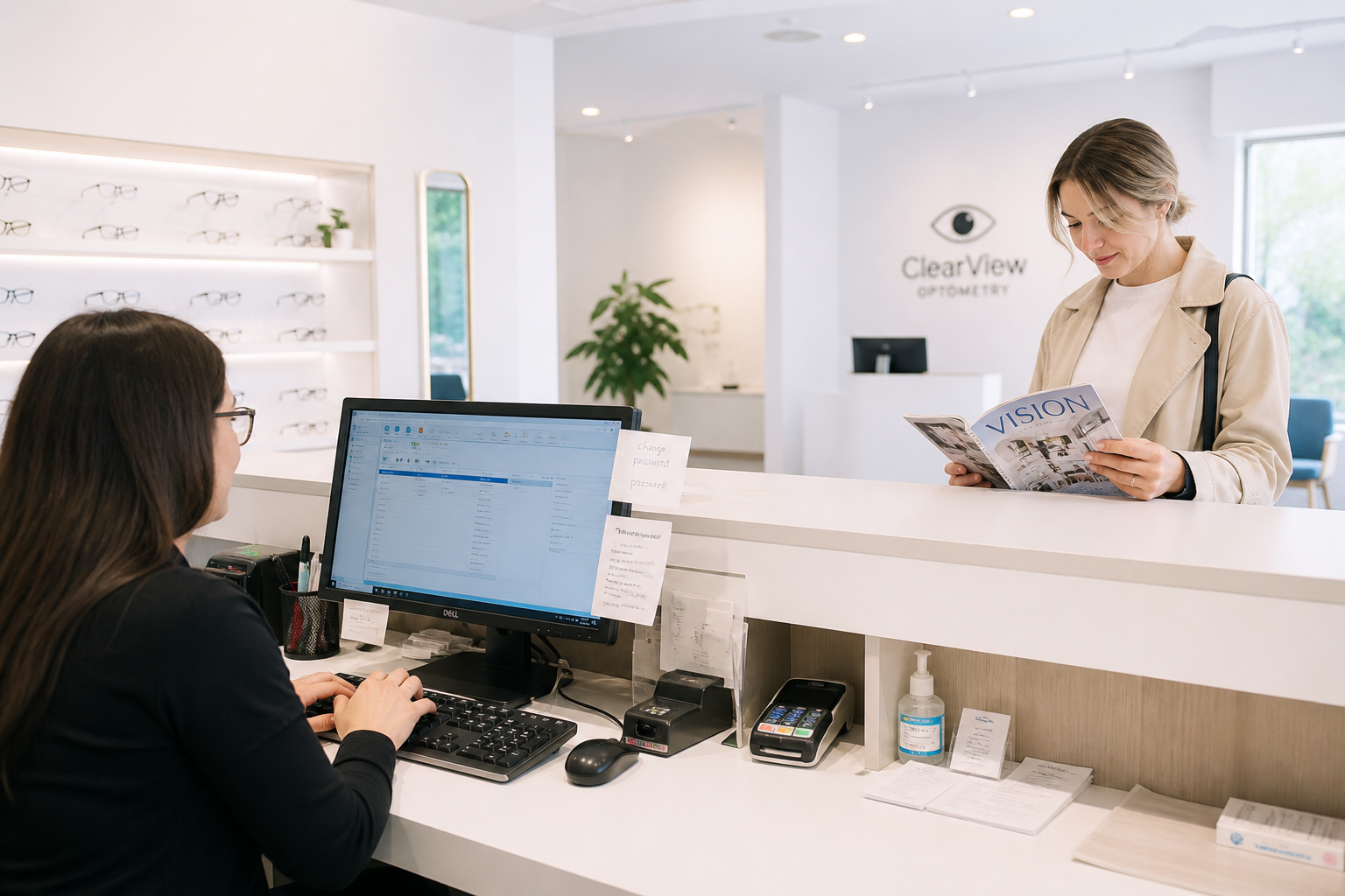 A receptionist in an optometrist's office types at a desktop computer, a printed document with a handwritten "change