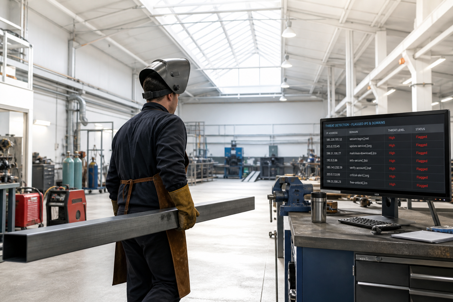 A welder in a leather apron and gloves carries a steel beam across the floor of a welding and fabrication shop, passing a