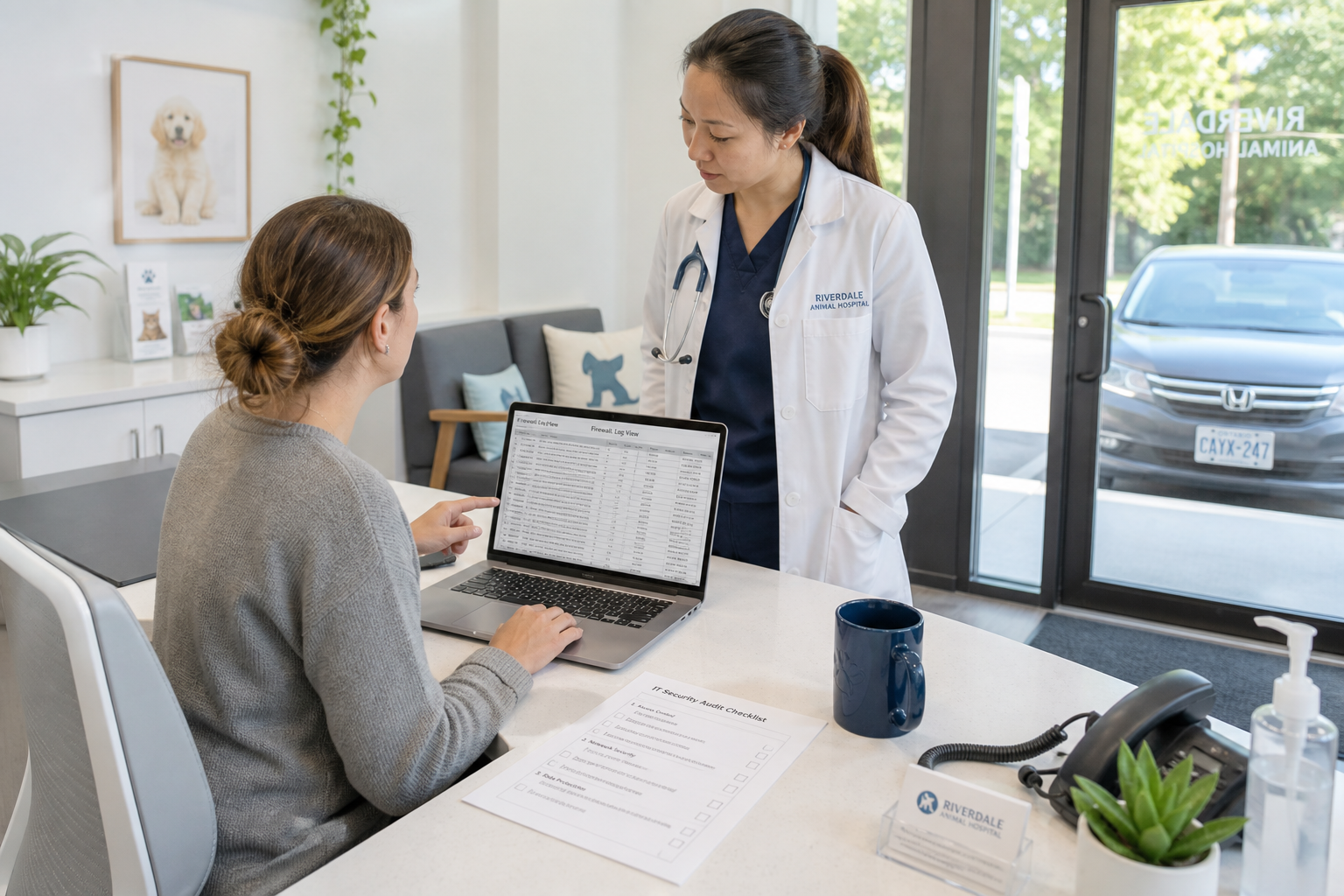 In the front office of a veterinary clinic, the practice manager has a laptop open to a firewall log file — rows of