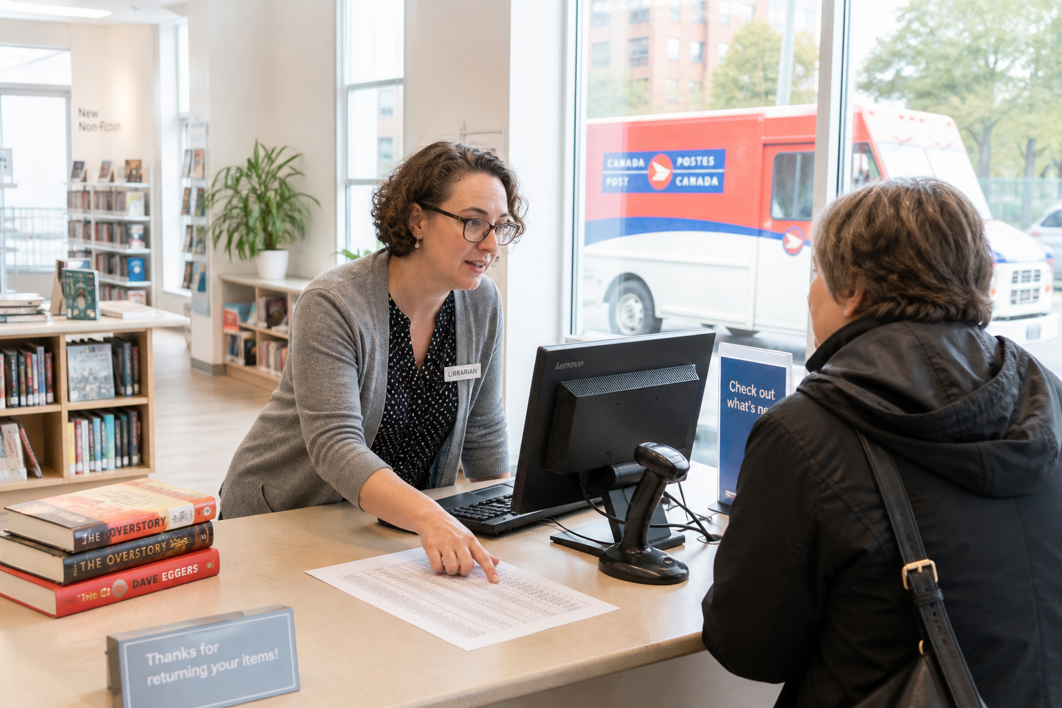 At a public library's circulation desk, a librarian leans across the counter toward a patron, one hand resting on a printed