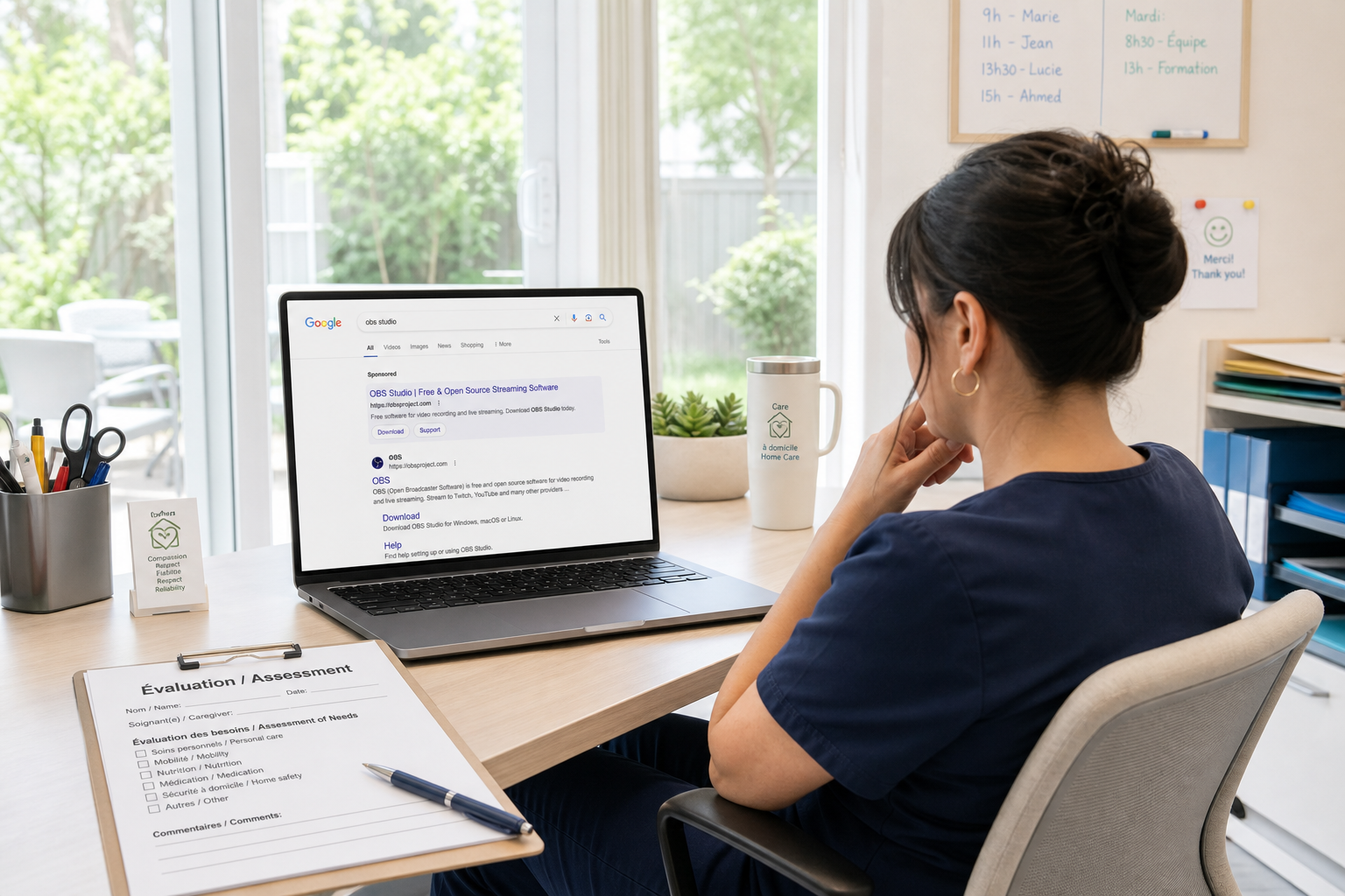 In a home-care agency's scheduling room, a scheduler leans back from a desk beside the patio doors that open onto a small