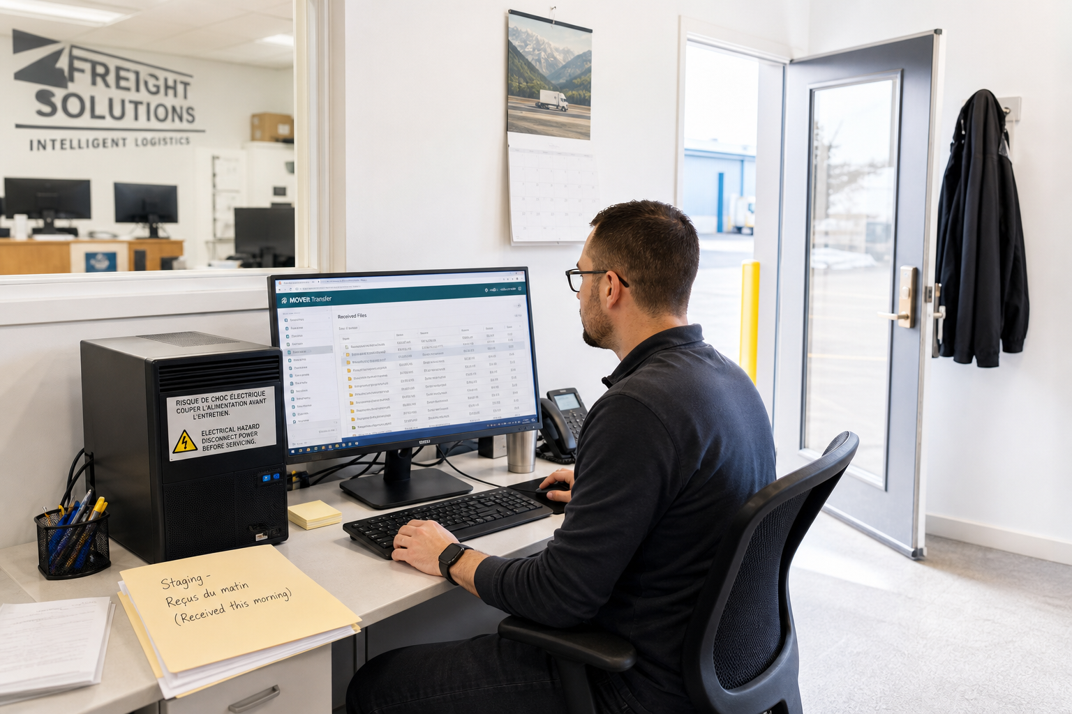 Across the counter of a freight brokerage, the on-call IT technician sits at the operations desk, the MOVEit Transfer window
