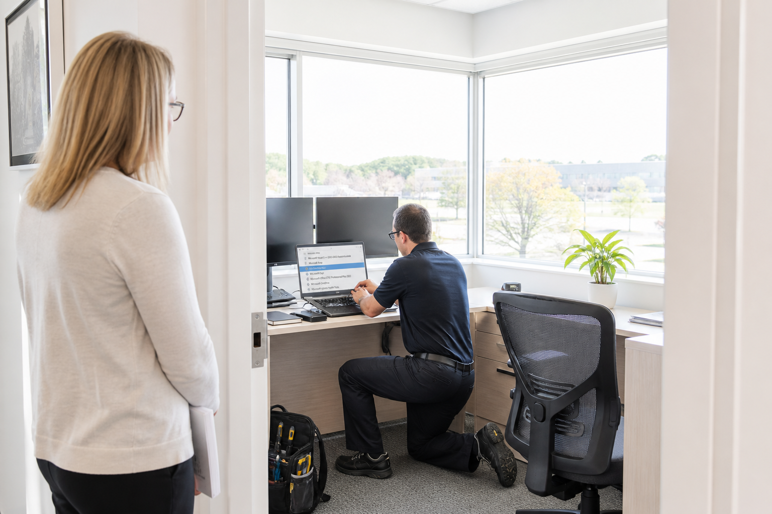 Through the open doorway of a chartered accountant's corner office, the visiting IT technician kneels at a desk unplugging a