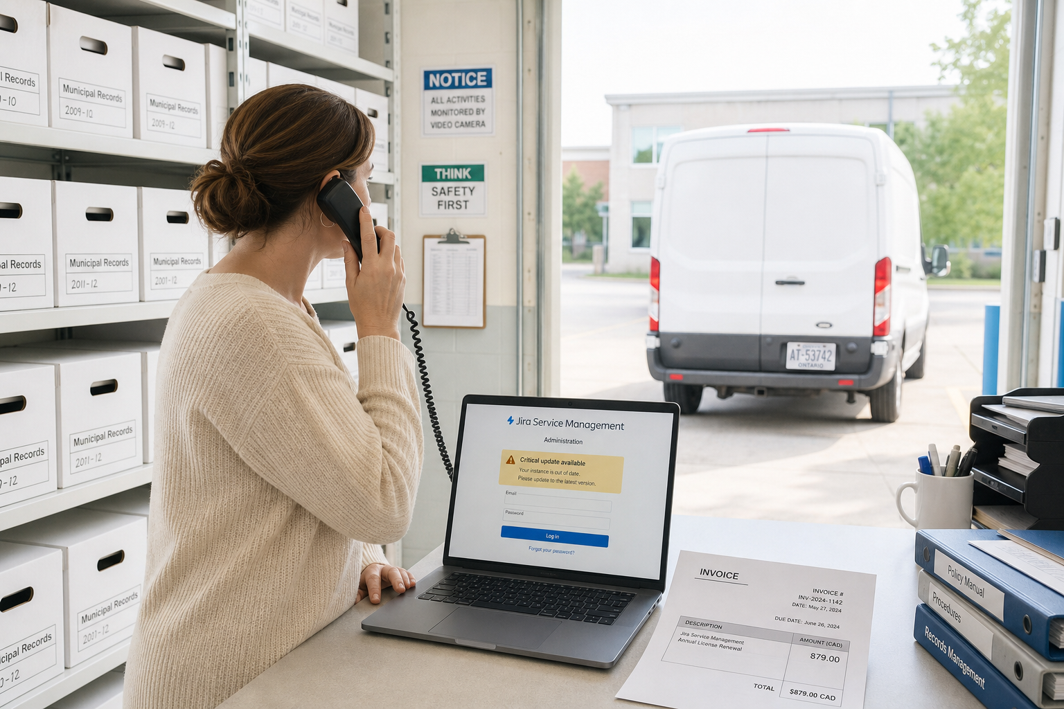 In the municipal office’s records room, a clerk stands at a desk beside the open loading bay, phone pressed to her ear and