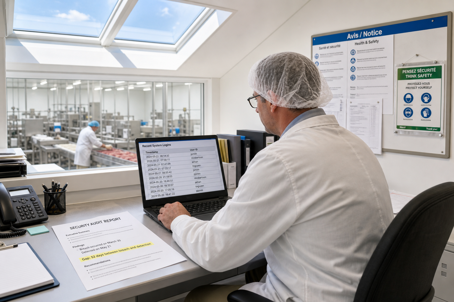 Across the intake counter of a food processing plant's office, the shift supervisor sits at a desk with a laptop open to a