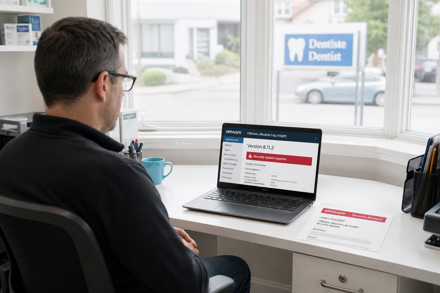In the back office of a small dental clinic, the part-time IT technician sits back from the desk, laptop open to the VMware