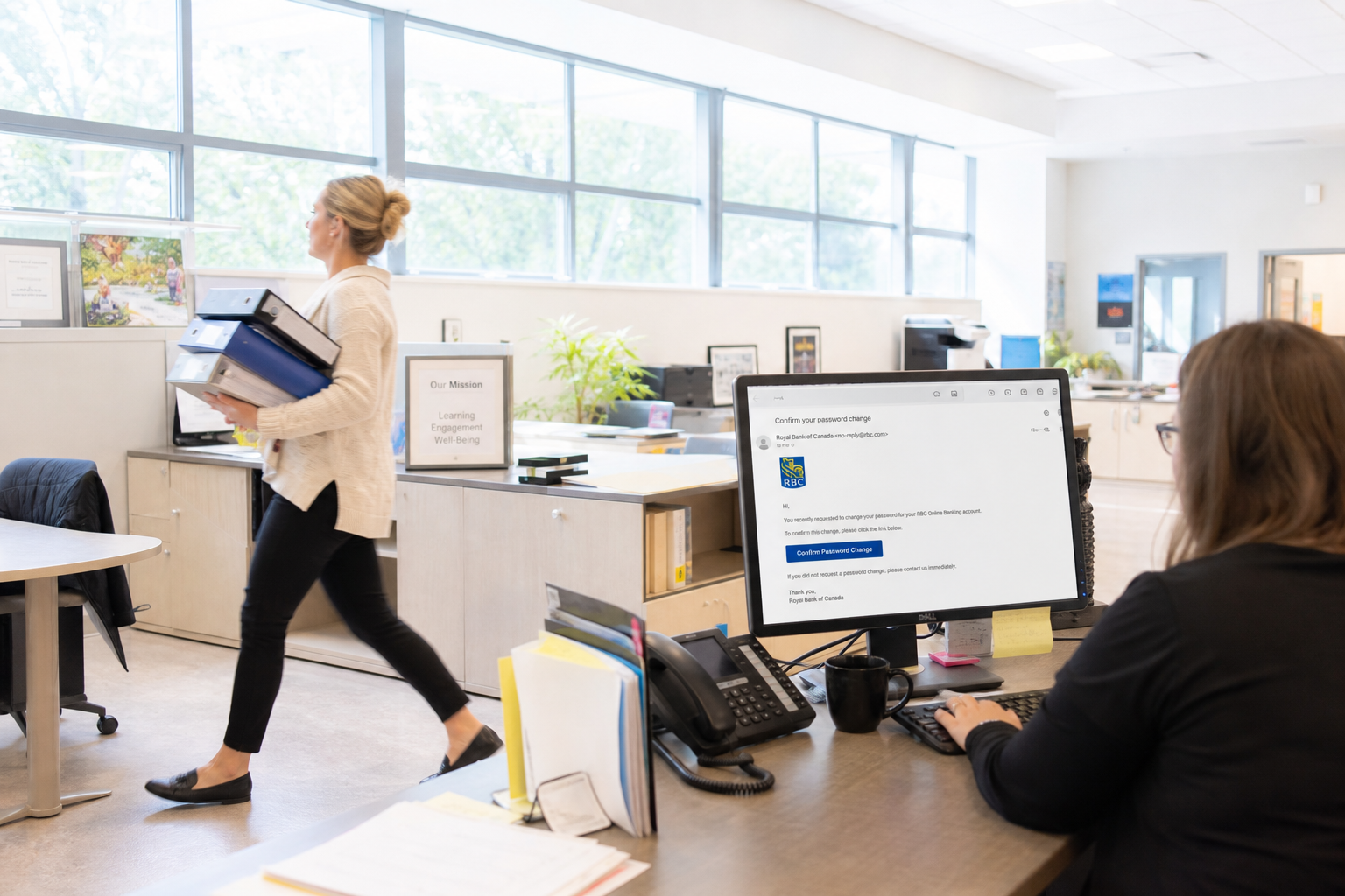 In the administration office of a school district, an administrative assistant carries a stack of binders across the room