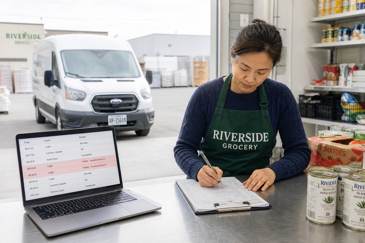 Across the receiving counter, the grocery owner signs a delivery docket while a laptop to her left lists timestamped event