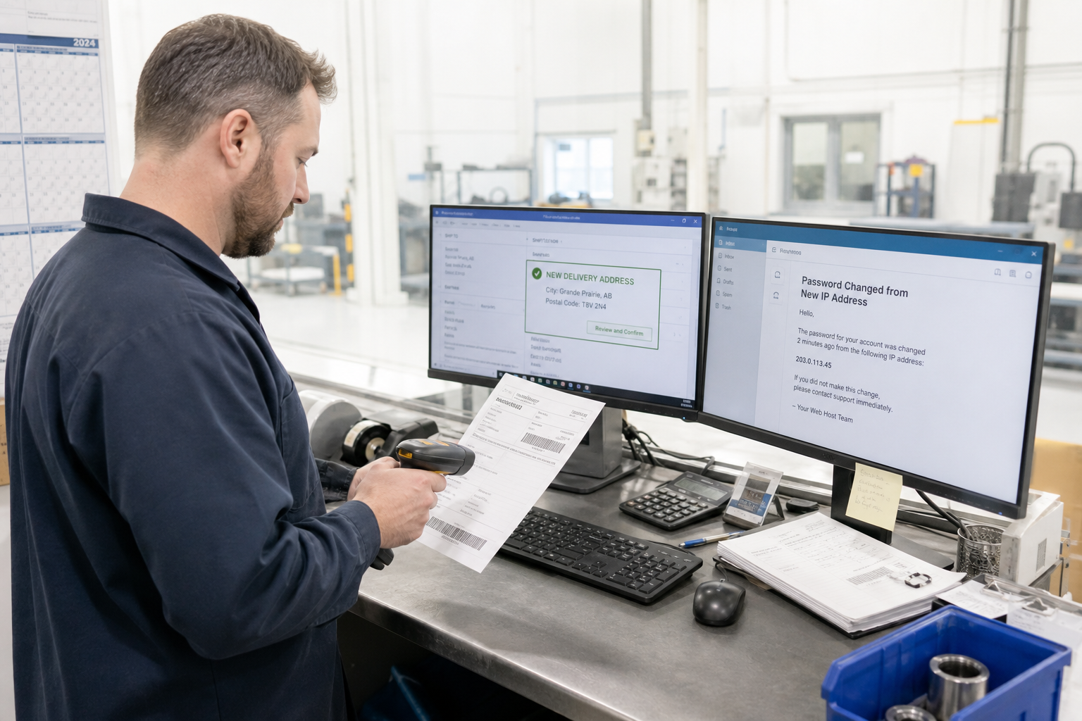 At the machine shop’s shipping desk, a worker pauses while scanning a packing slip, his thumb over the barcode scanner