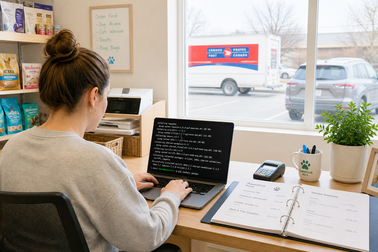 In a small pet supply store's back office, the owner sits at a wooden desk, a laptop open to a terminal scrolling through a