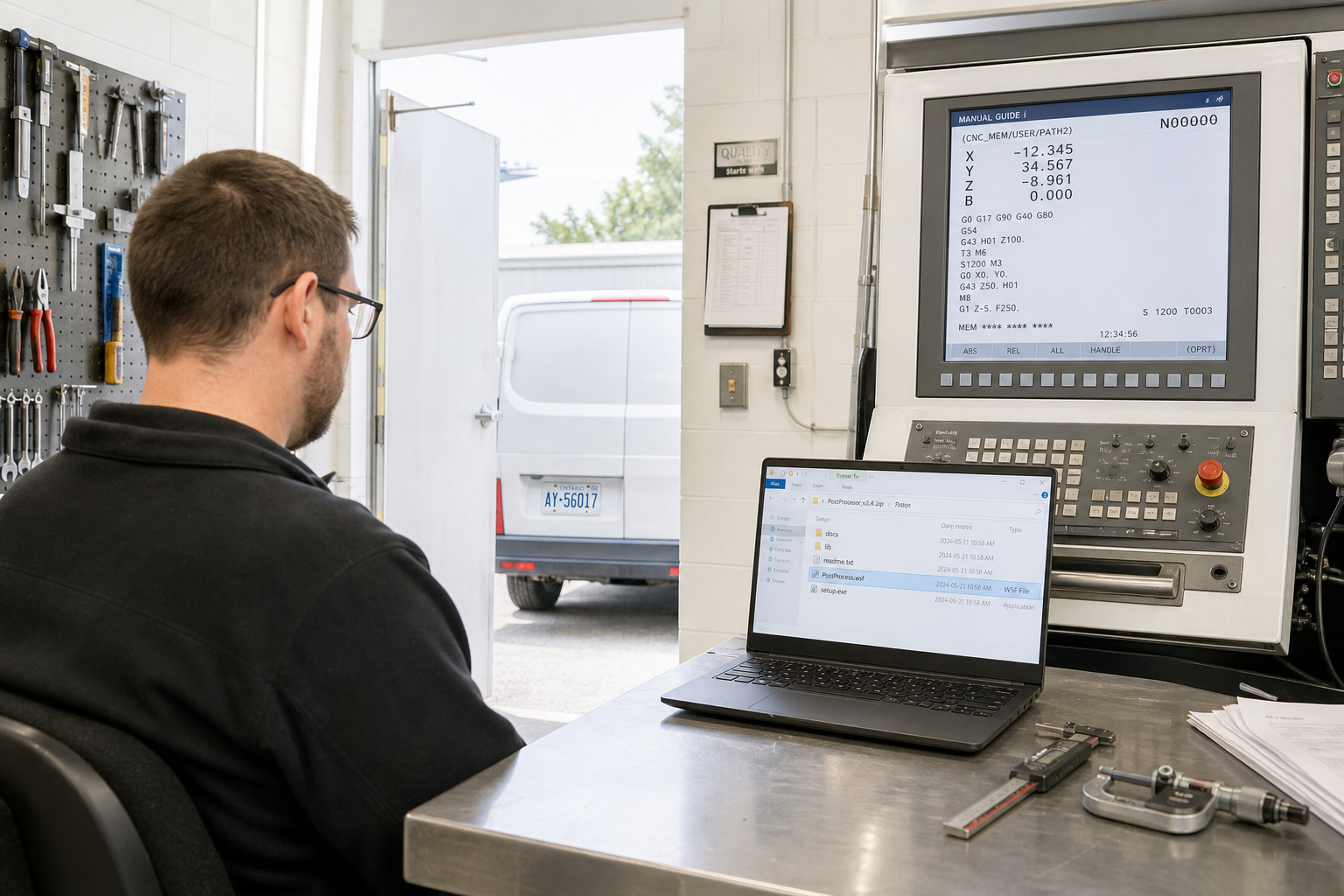 At the quality bench of a machine shop, the staff member who looks after the computers sits back from a laptop set on the