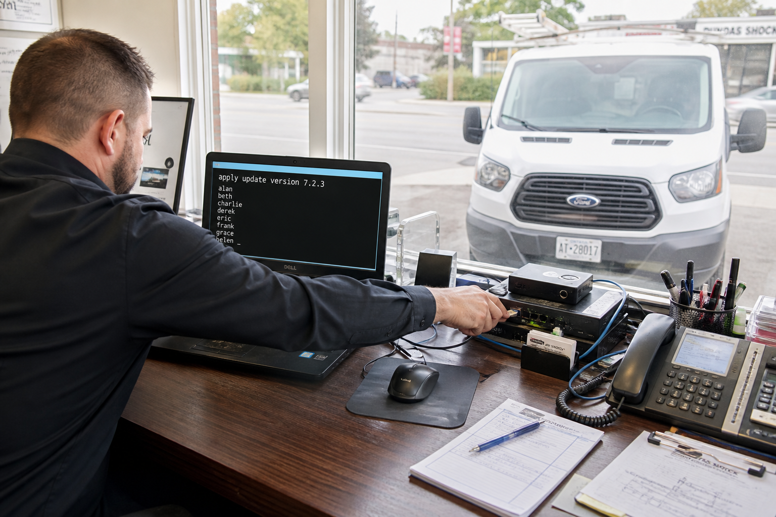 Inside the front office of an auto repair shop, a man works at a cluttered desk with a laptop, its screen showing a terminal