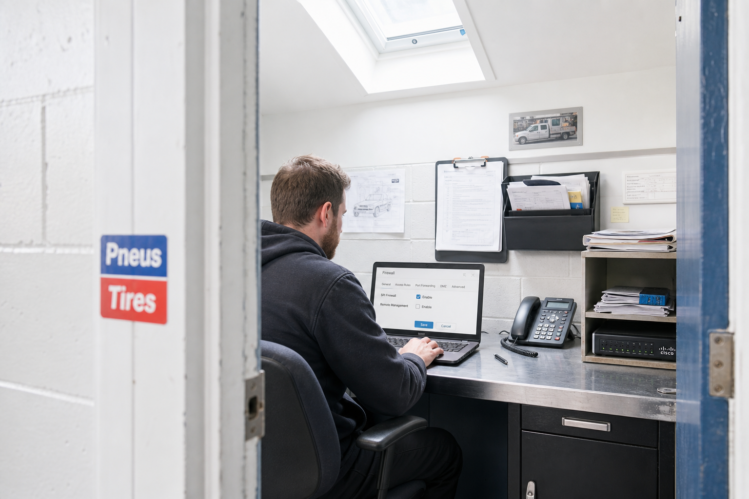 Through the doorway of an auto repair shop’s small office, the part-time IT technician sits at a metal desk, laptop open to