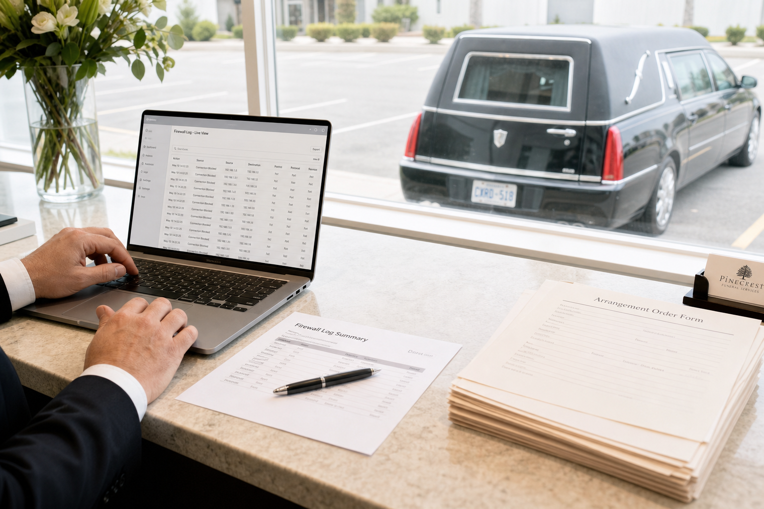 Hands of the funeral home owner scroll through firewall log entries on a laptop at the arrangement counter, a printed log