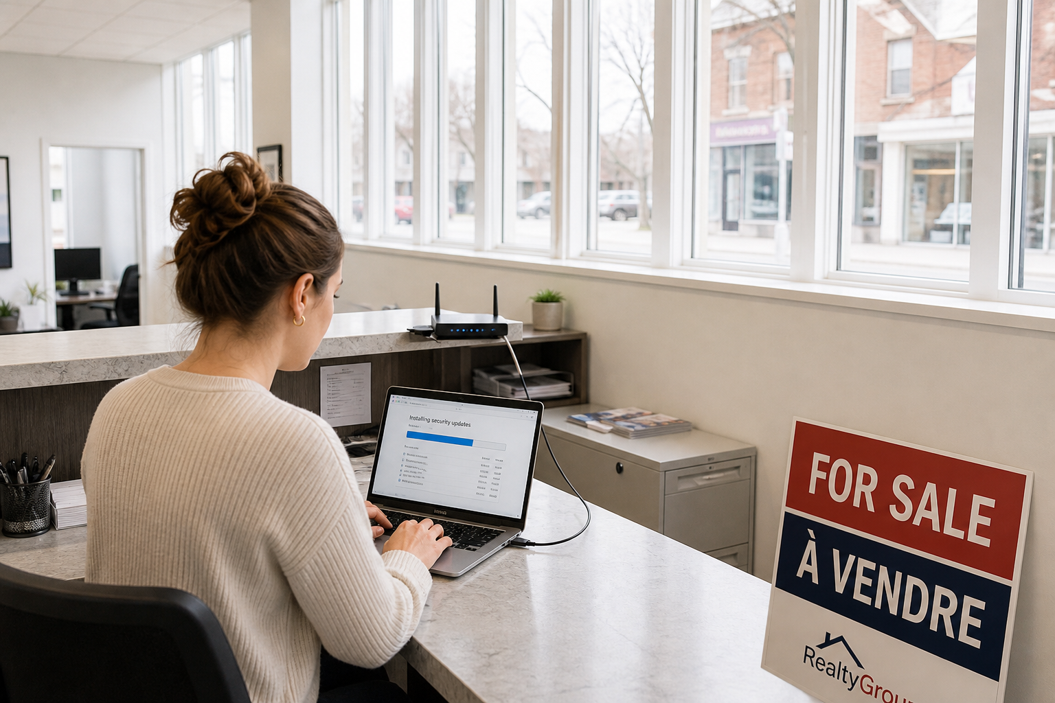 Across the back-office counter of a real estate brokerage, an administrator works at an open laptop whose screen shows a