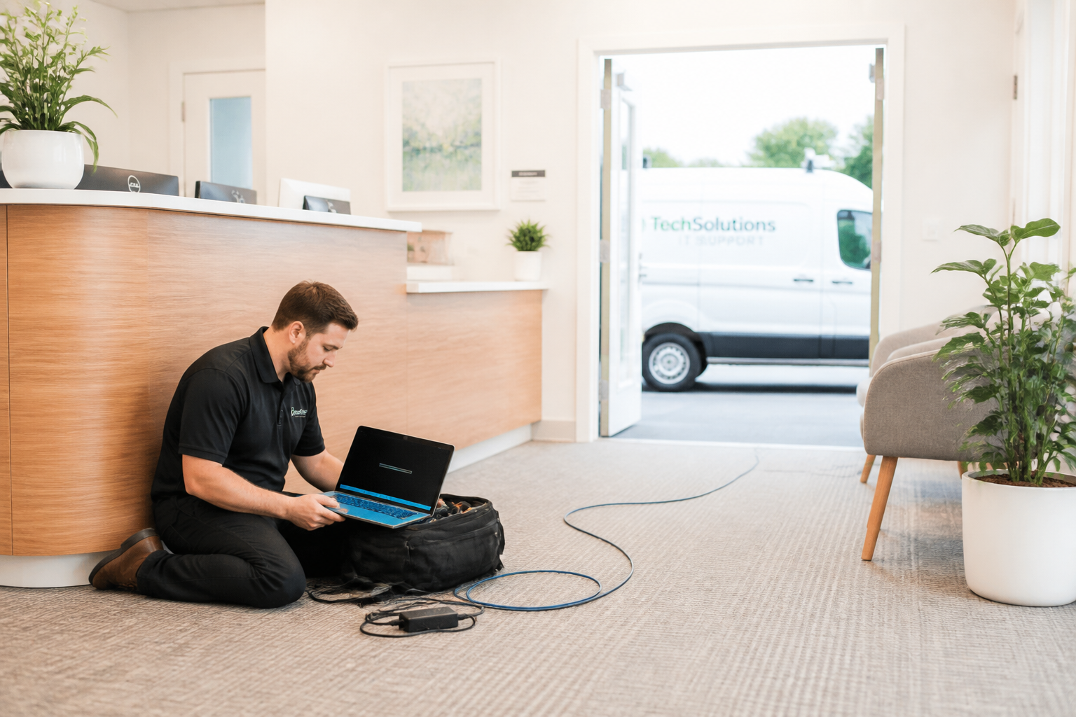An IT technician sits on the floor beside a receptionist's desk, pulling a laptop from a case and opening the screen to