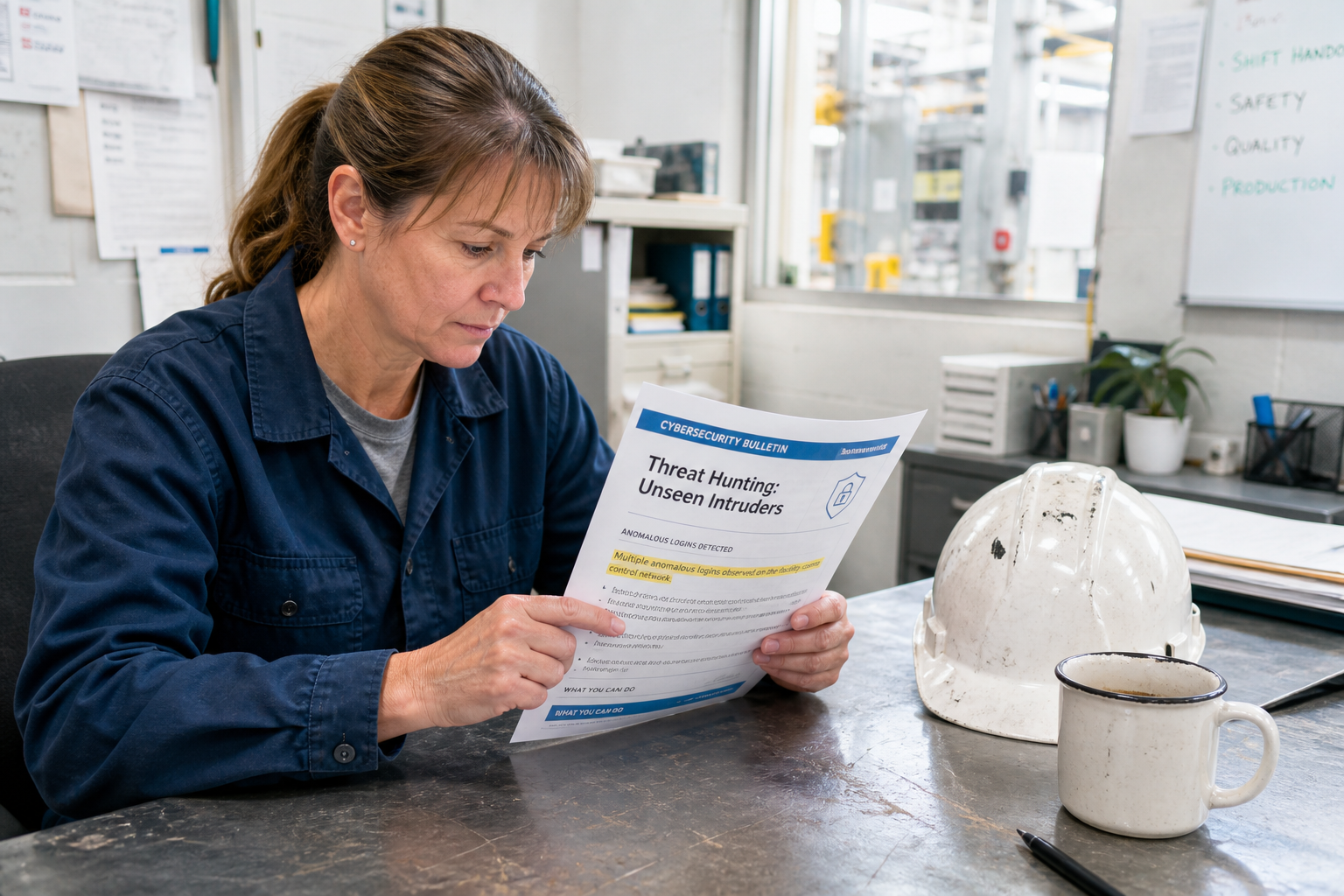 At a scratched metal desk in the plant's back office, the production manager reads a printed cybersecurity bulletin titled