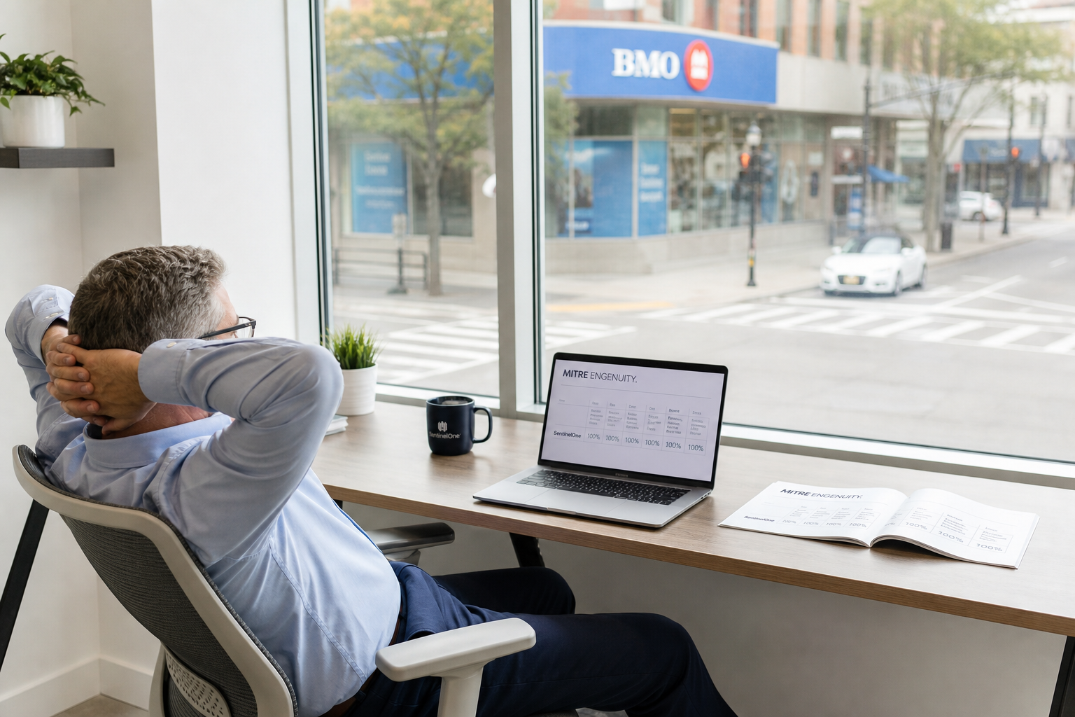 A managed-security reseller's sales desk sits flush against the window, the street beyond showing the BMO sign angled across