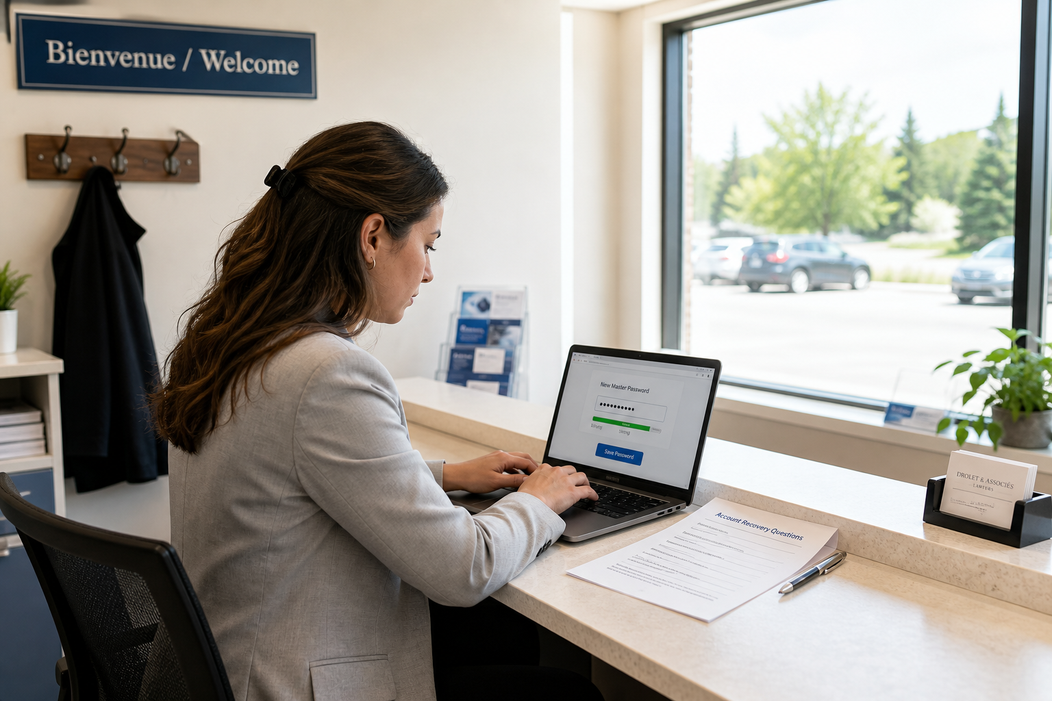 Across the front counter of a small law office, the office manager types a new master password into a password manager on