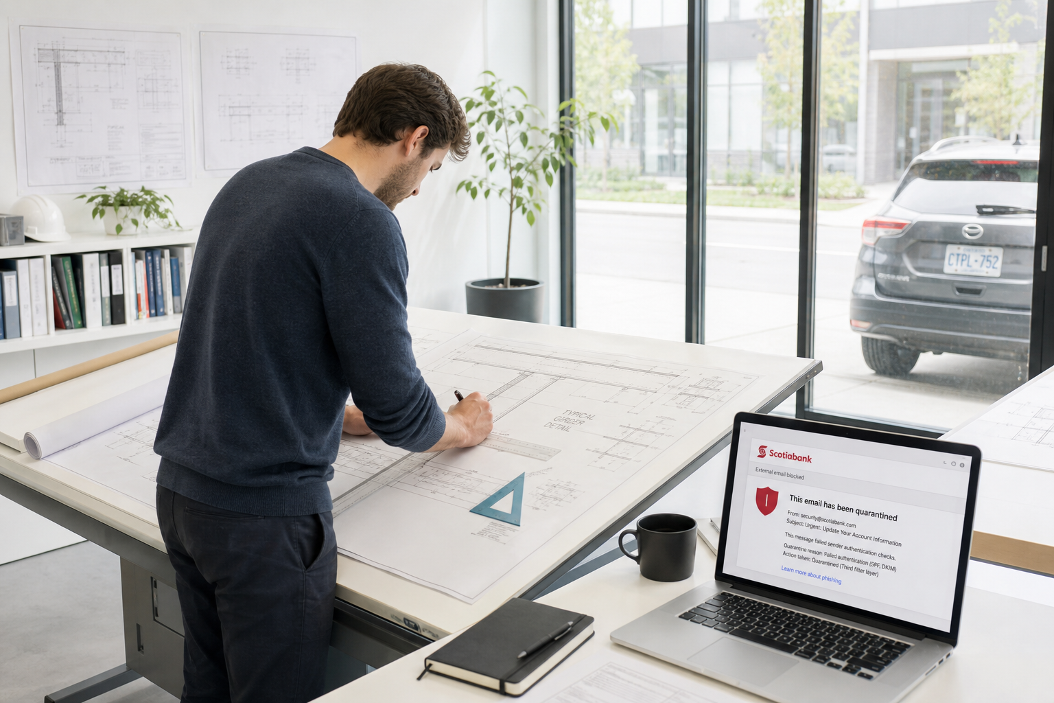 In the drawing office of a structural engineering consultancy, a drafter stands at a large drafting table tracing a girder