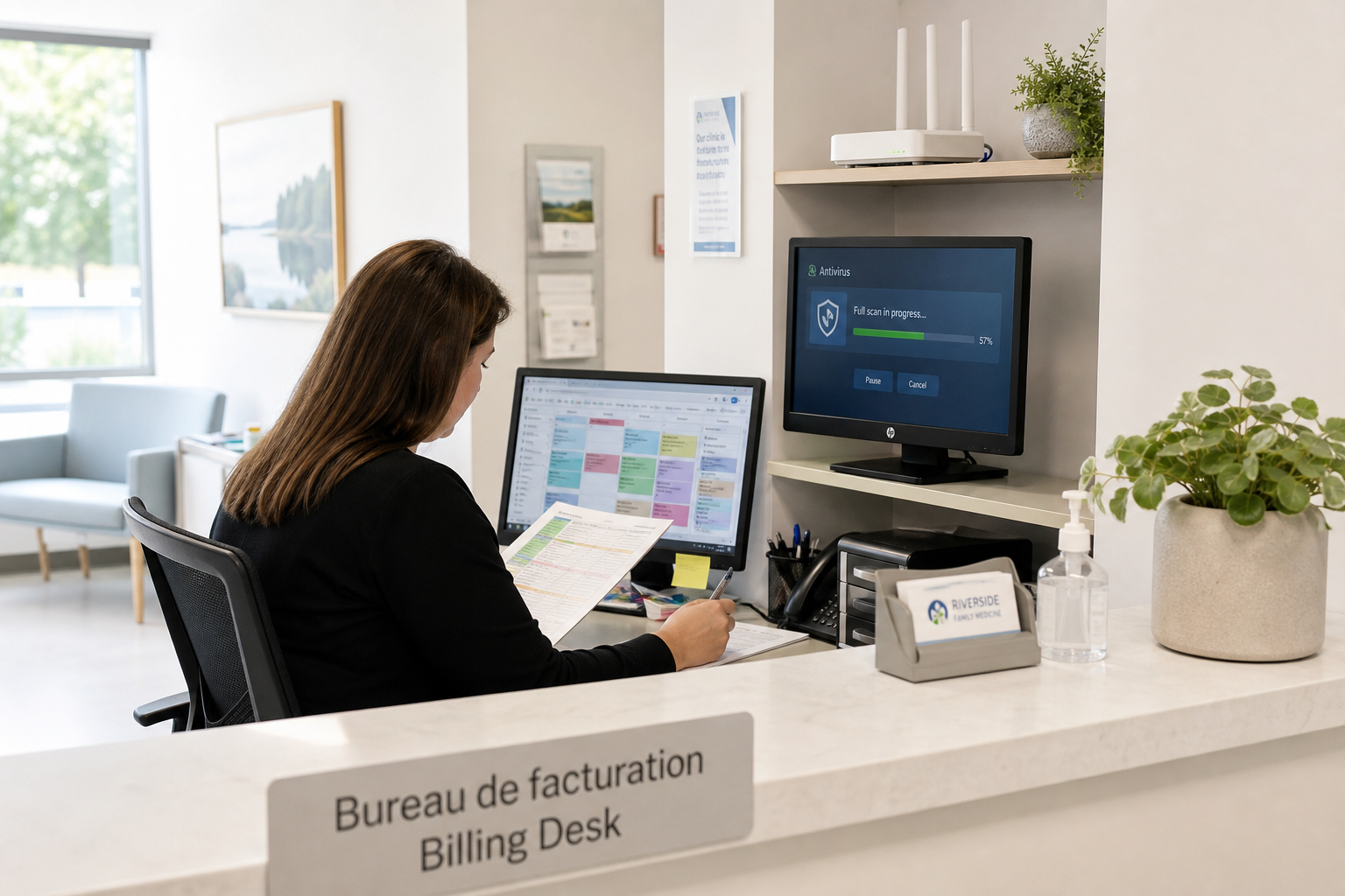 In the waiting-room side of a family medical practice, the receptionist works down the day's appointment list at the front