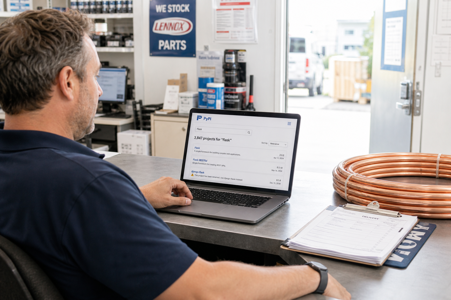 In an HVAC firm's parts counter, a counterman leans back from a laptop propped on the counter, the screen showing a PyPI