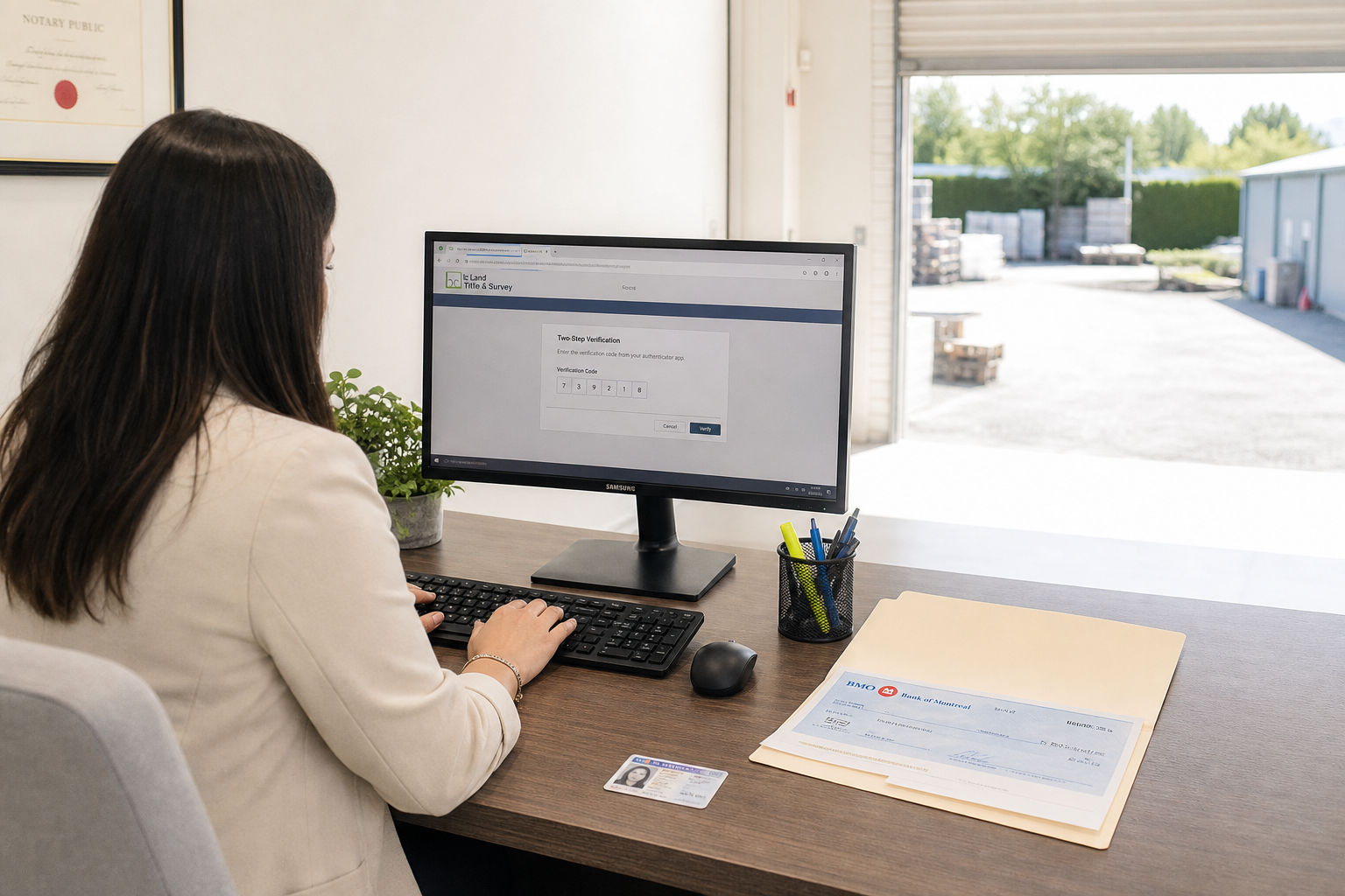 At the front desk of a notary's office, the notary types a verification code into the land registry portal on the monitor, a