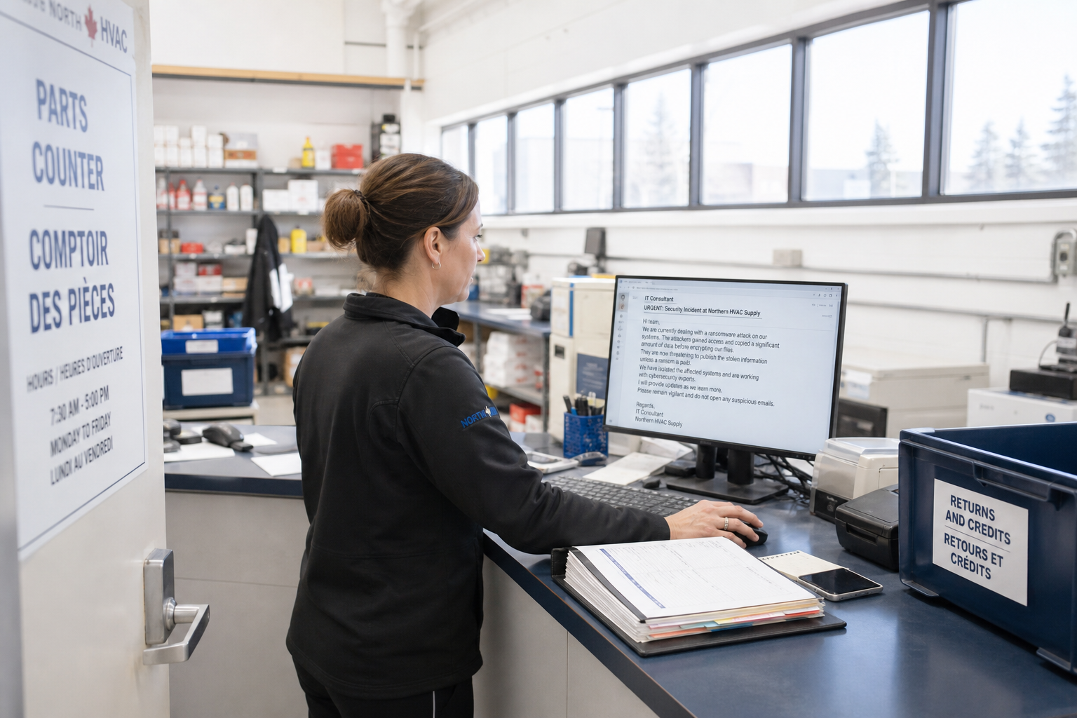 From the doorway of an HVAC firm's parts counter, the service manager pauses over an email from a supplier's IT consultant