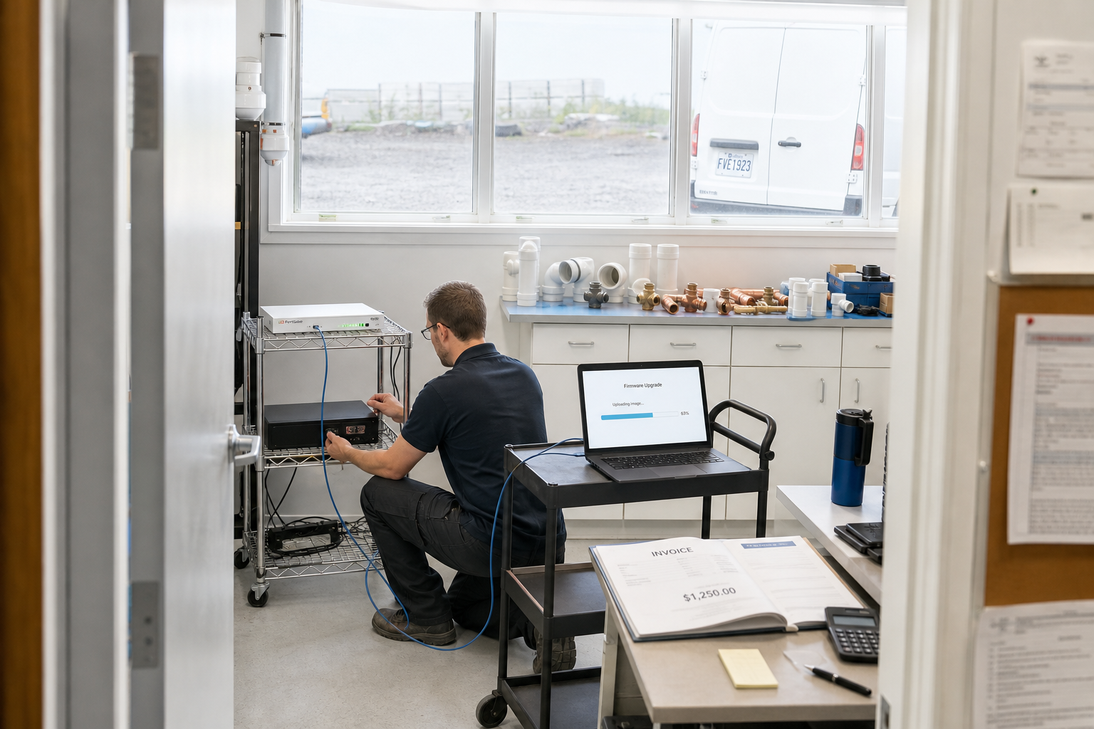 Through the doorway of a plumbing supply shop's back office, an IT technician kneels beside a metal shelf where a FortiGate