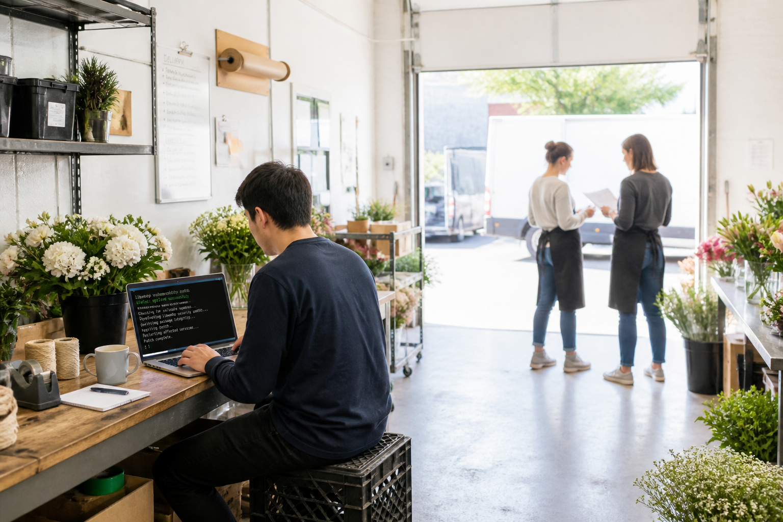 In a flower shop's packing room, the on-call IT technician sits on a crate at a workbench, a laptop open to a terminal