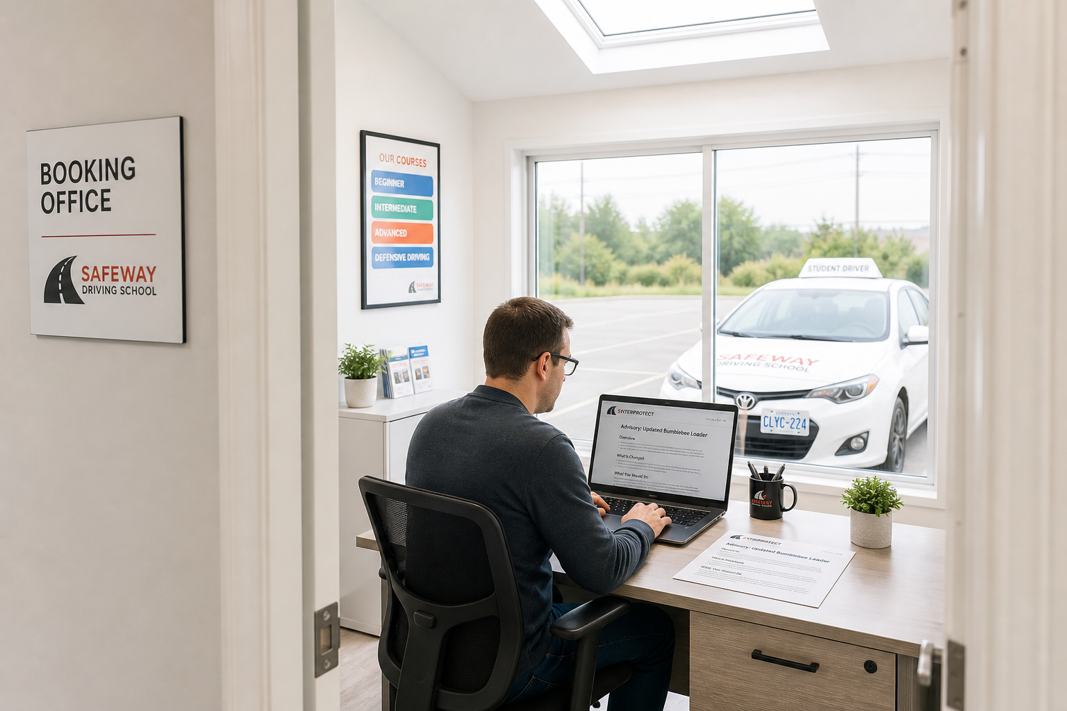 Through the doorway of a driving school's booking office, the part-time IT technician sits at the desk, laptop open to the