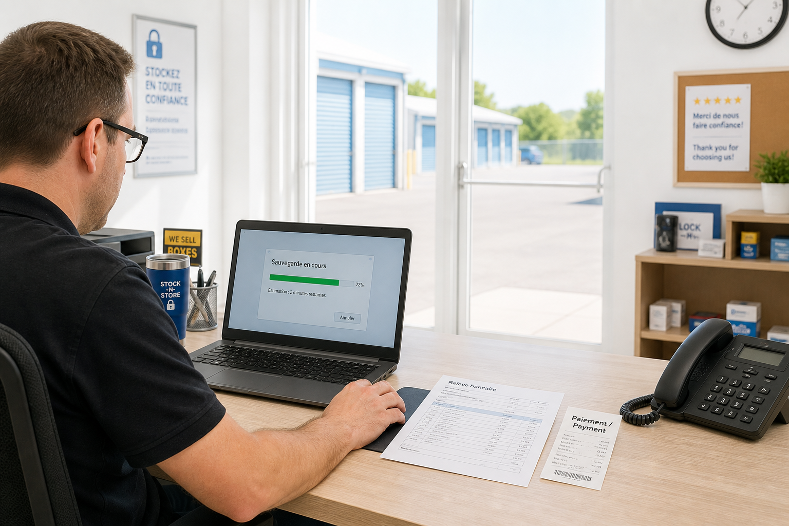 In a self-storage facility's office, the manager sits at a desk facing the patio doors that open onto the yard, a laptop