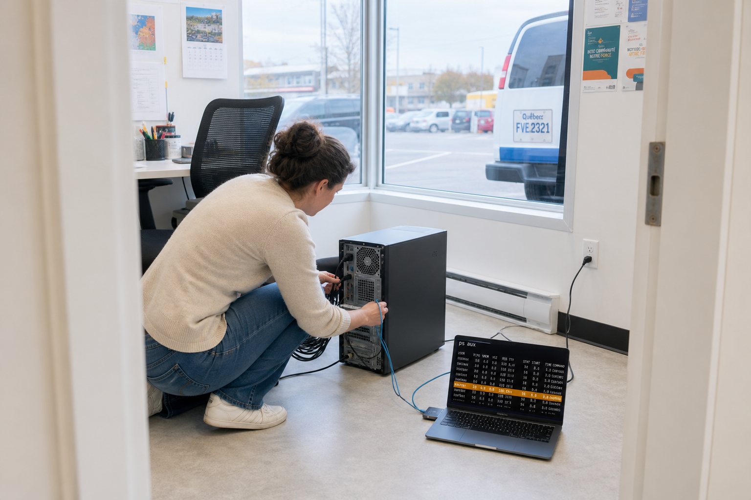 From the doorway, the community centre's office manager kneels beside a desktop tower, pulling a network cable from the
