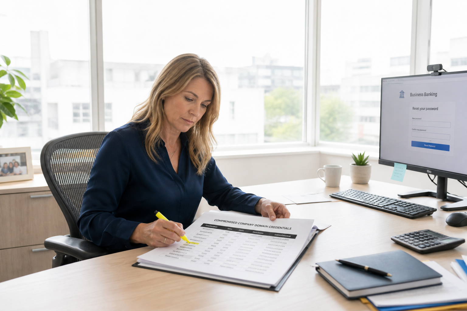 The accounting firm's managing partner sits at the corner desk, the room's two outer walls filled with a wide window beside