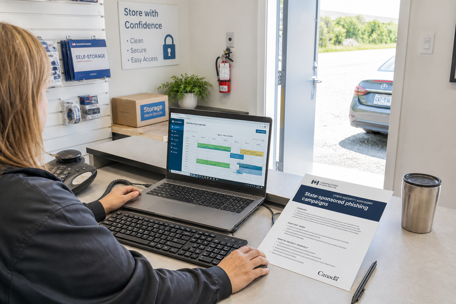 Over the shoulder of the self-storage facility manager at the front desk, a printed advisory from the Canadian Centre for