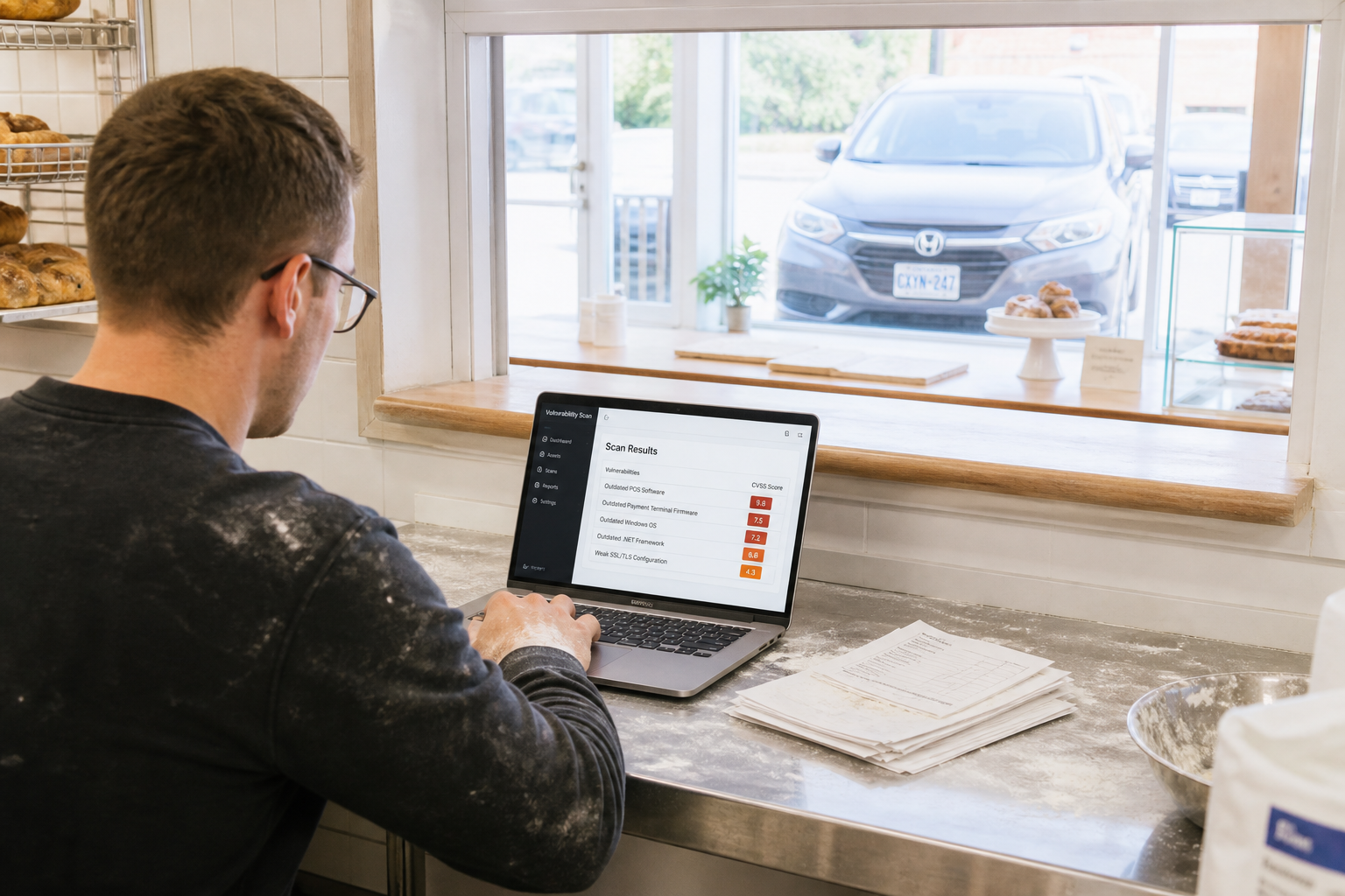 Through the serving hatch of a bakery's front counter, the part-time IT technician sits at the prep table, laptop open to a