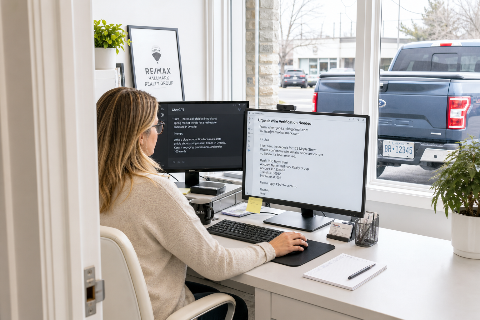 From the doorway, a real estate agent sits at a desk in the brokerage's back office, her hand on the mouse as she reads an