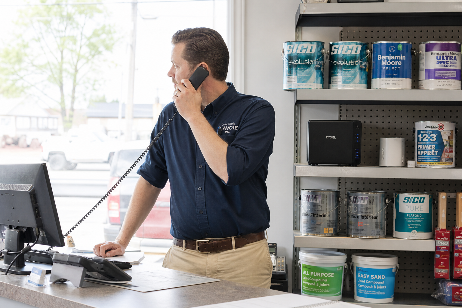 In the trade counter of a Canadian hardware store, a clerk on the phone leans against the desk, his eyes out the bay window