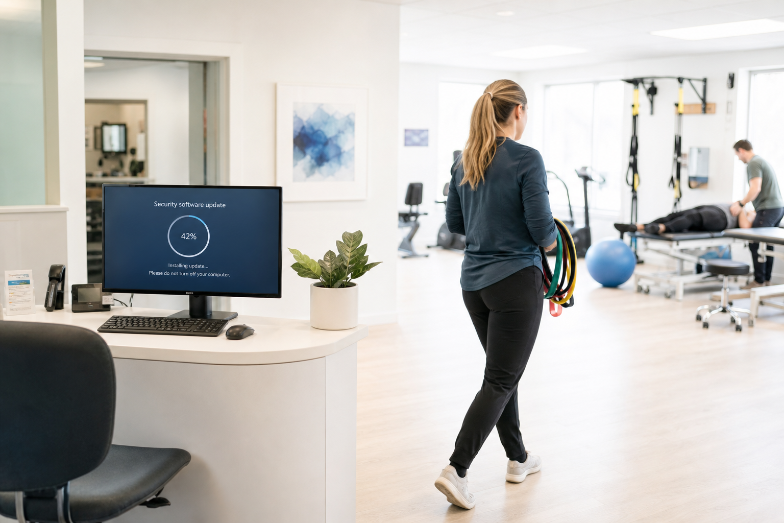 A physiotherapist walks across the treatment floor carrying a resistance band kit past the front desk, where a monitor at
