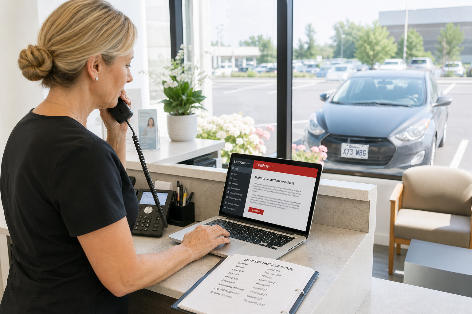 In a dental clinic's reception, the owner holds the phone to her ear while her other hand rests on the laptop trackpad; the