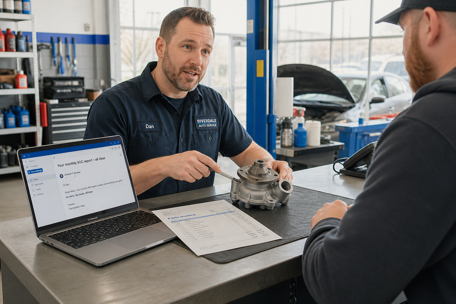 A parts invoice lies on the counter of an independent auto repair shop, beside a laptop open to an email from an IT provider