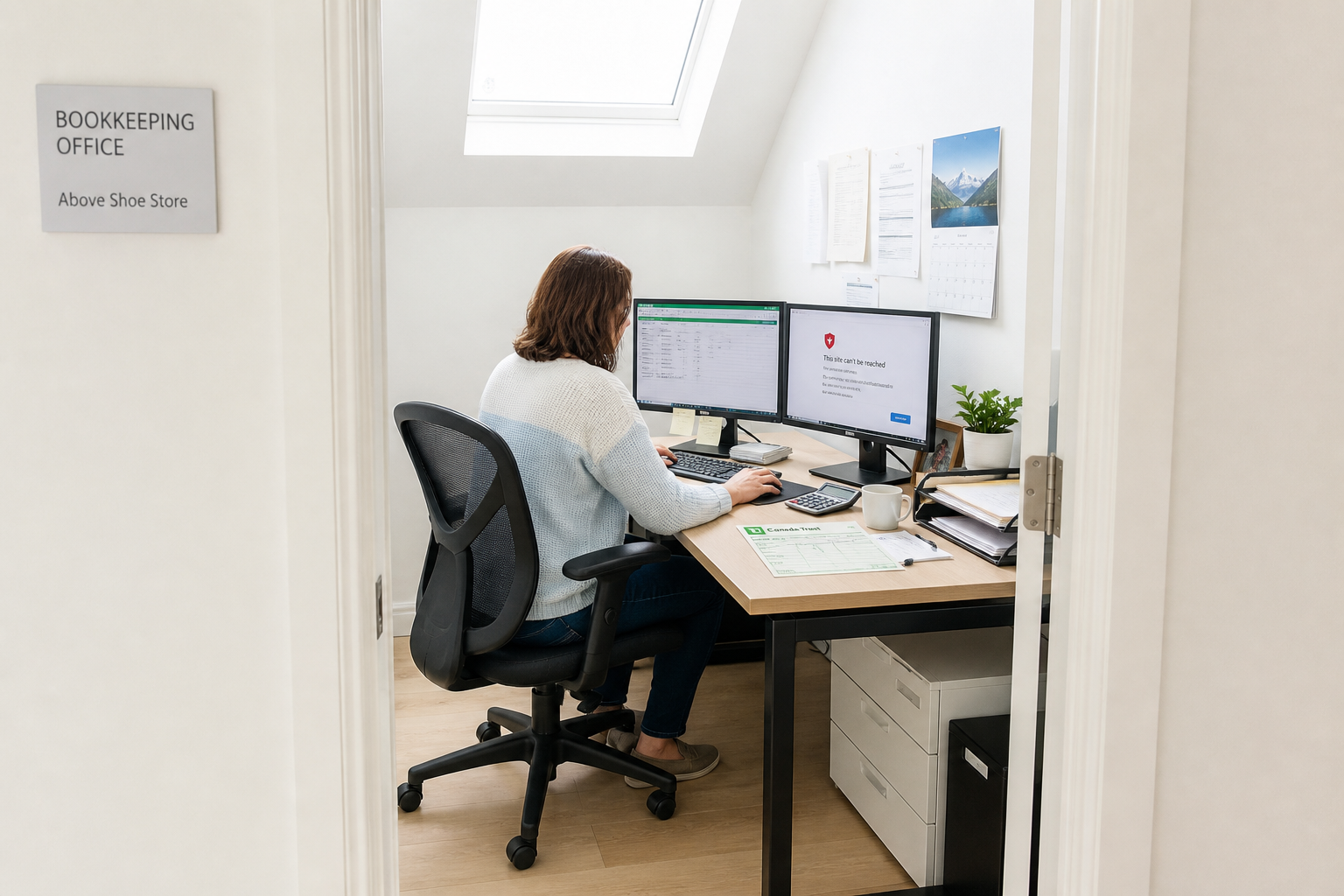 Through the open doorway of the bookkeeping office above a shoe store, the bookkeeper works alone at a desk beneath the