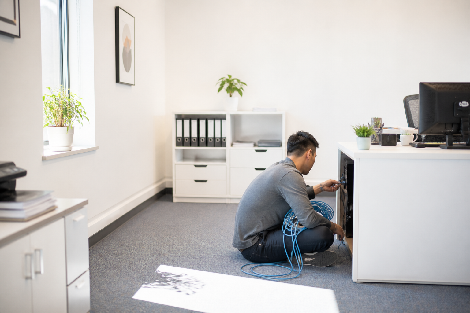 A lone IT technician sits cross-legged on the linoleum floor of a small accounting office, a tangle of ethernet cables