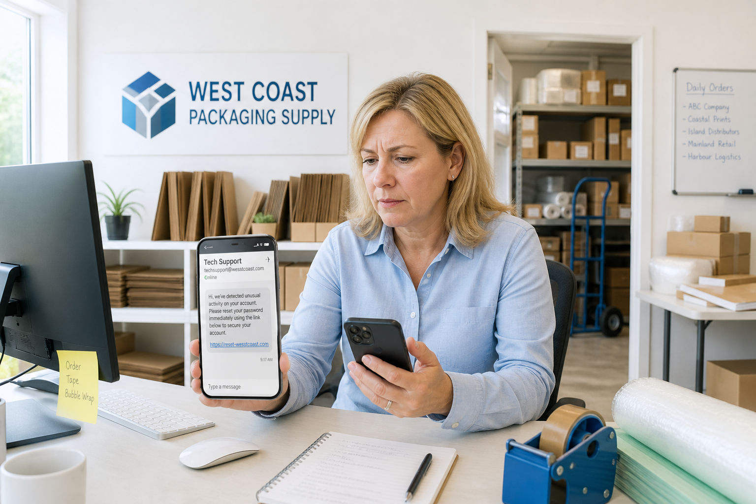 In the back office of a packaging-supply shop, the owner reads a chat message from "Tech Support" demanding an immediate
