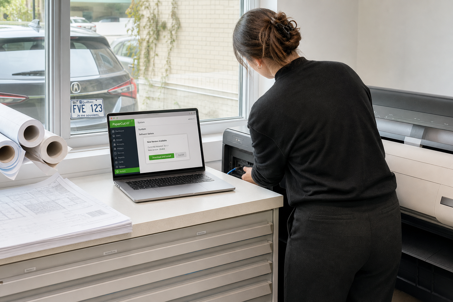 In the print room of a small architecture firm, a staff member stands at the counter with a laptop open to the PaperCut