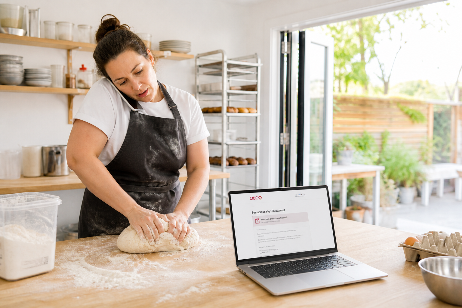In a bakery's early-morning prep room, a baker holds the phone to her ear with one shoulder while kneading dough, a laptop