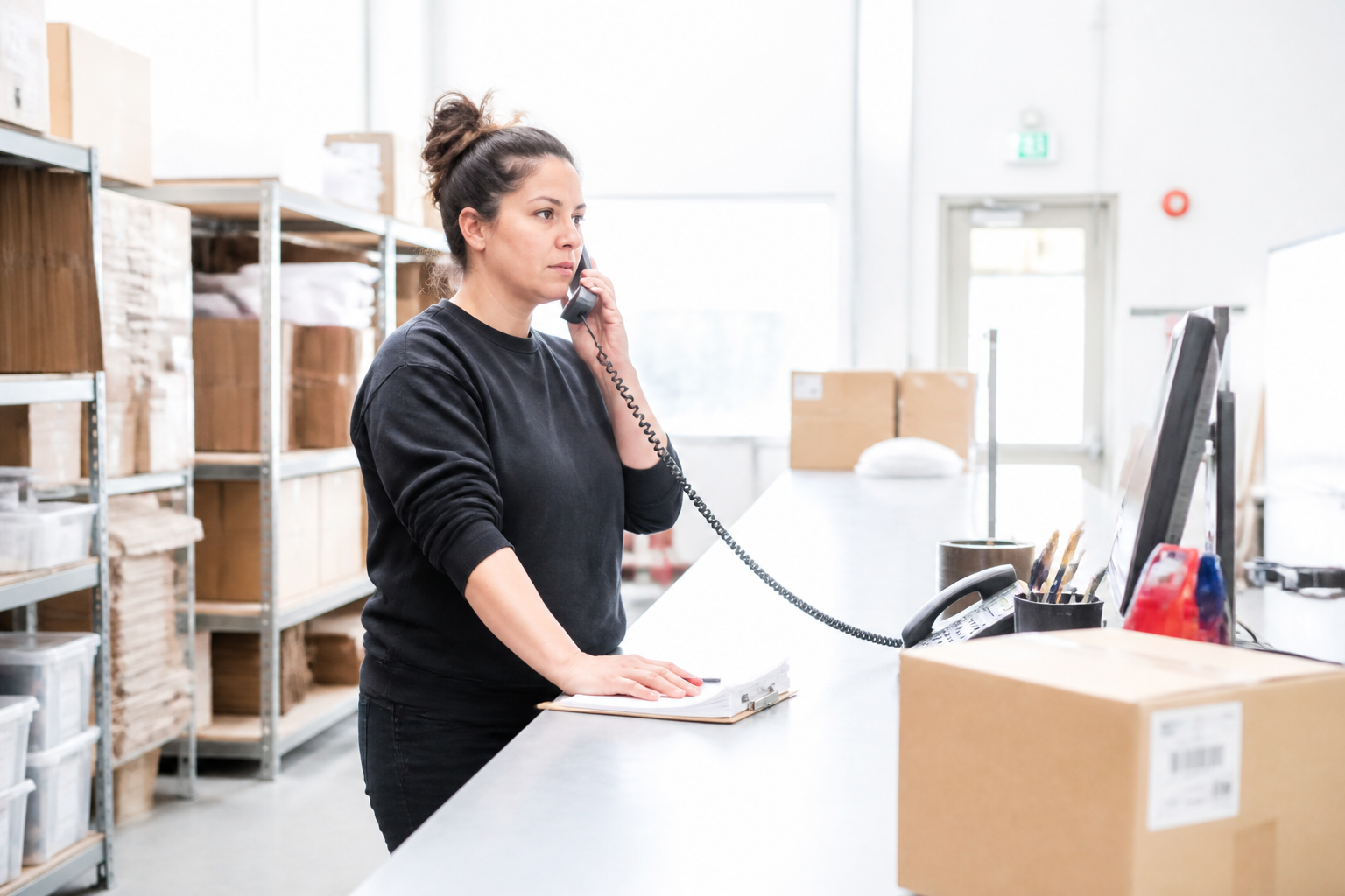 A warehouse shipping clerk stands at the long counter, phone pressed to her ear, her free hand resting on a clipboard, her