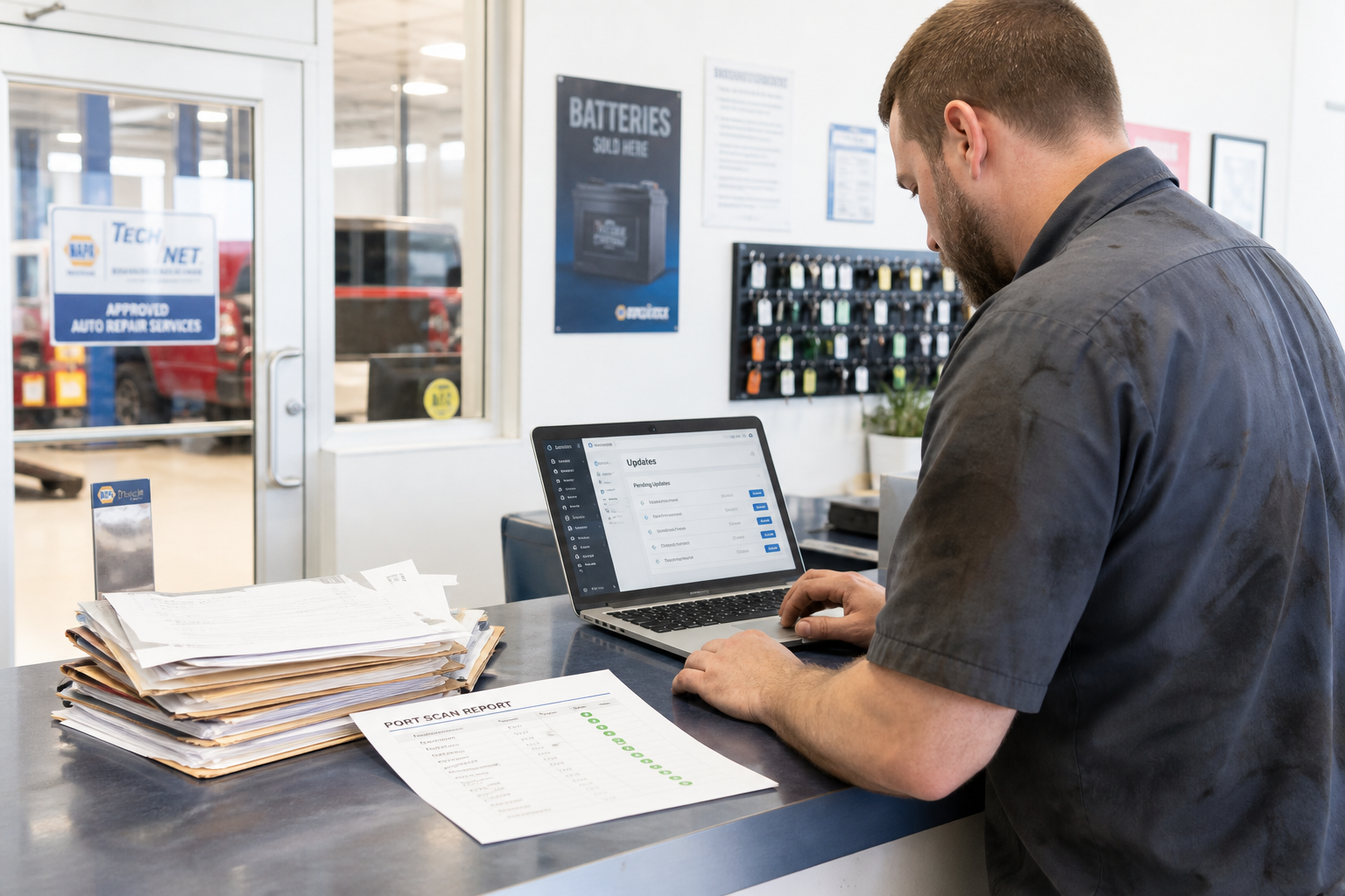 In the front office of an auto repair shop, a mechanic in a grease-stained shirt reviews a list of pending firmware updates