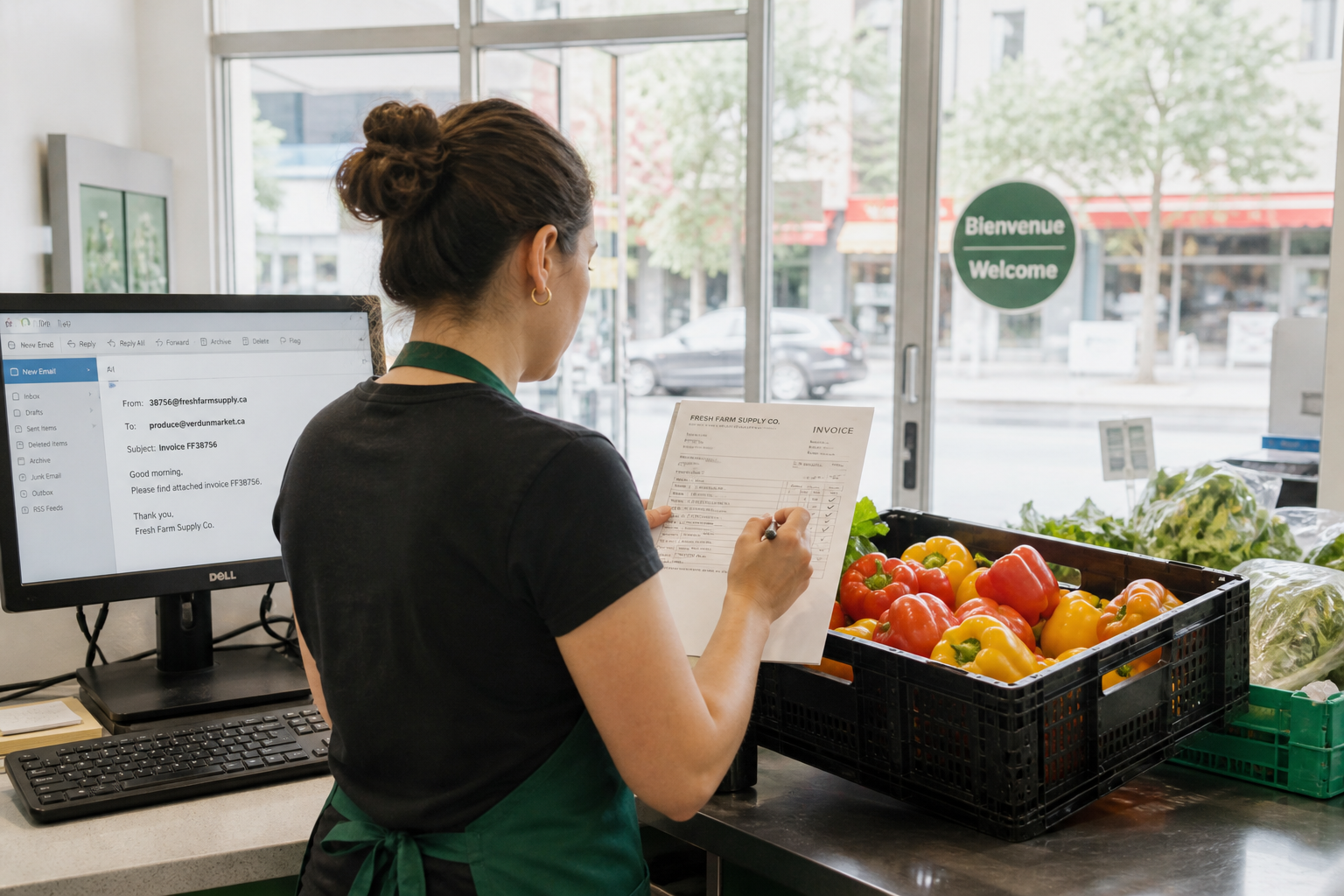Over the shoulder of the grocery clerk in a green apron, she ticks off a paper invoice against a crate of peppers on the