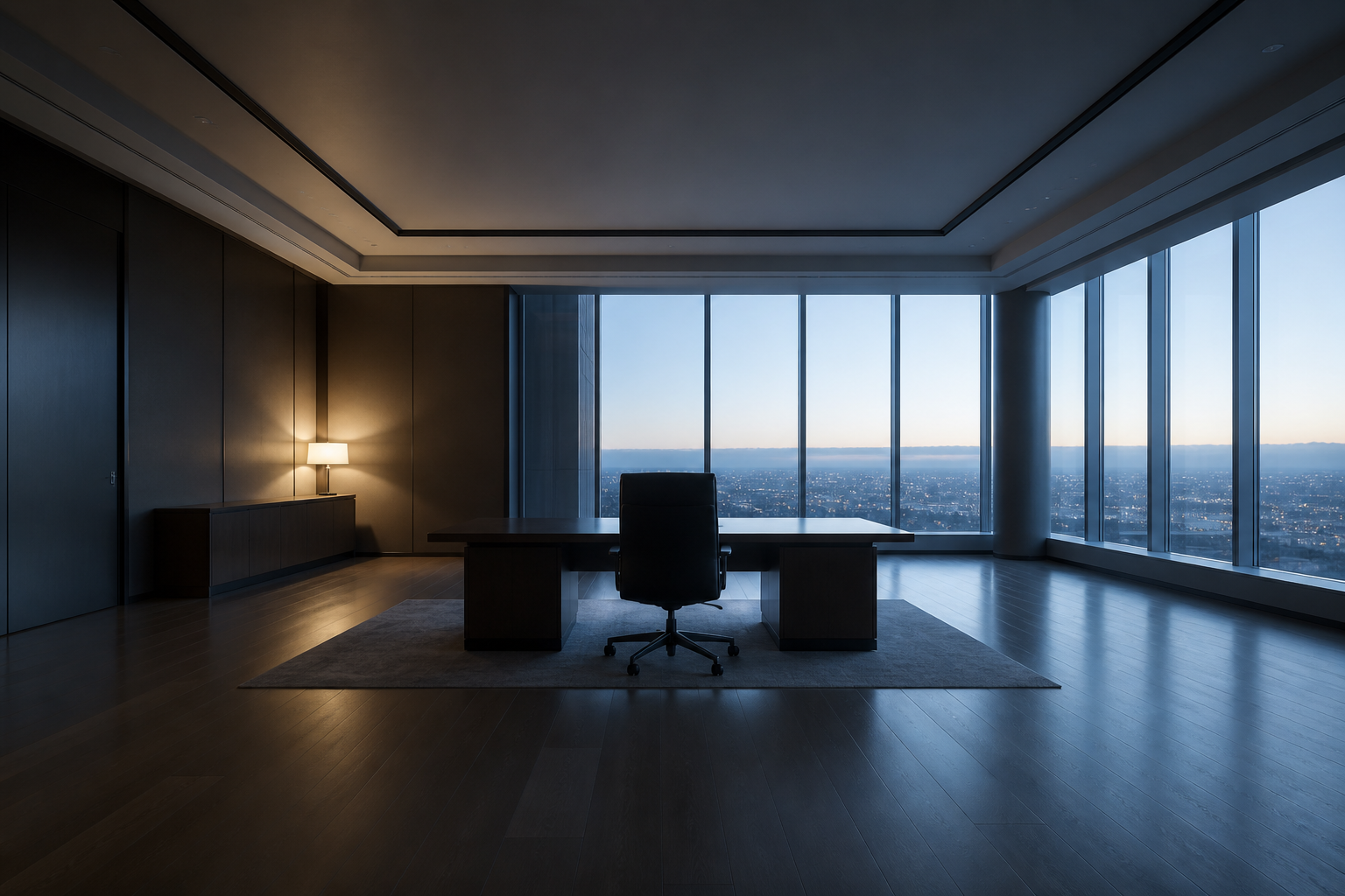 An empty executive office at dawn, the desk bare and the chair turned to the window.